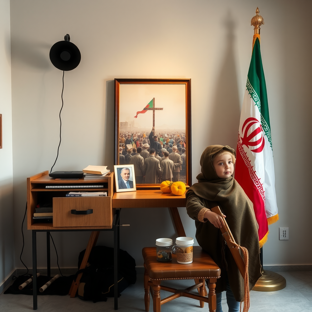 Child by table with martyr picture and flags.