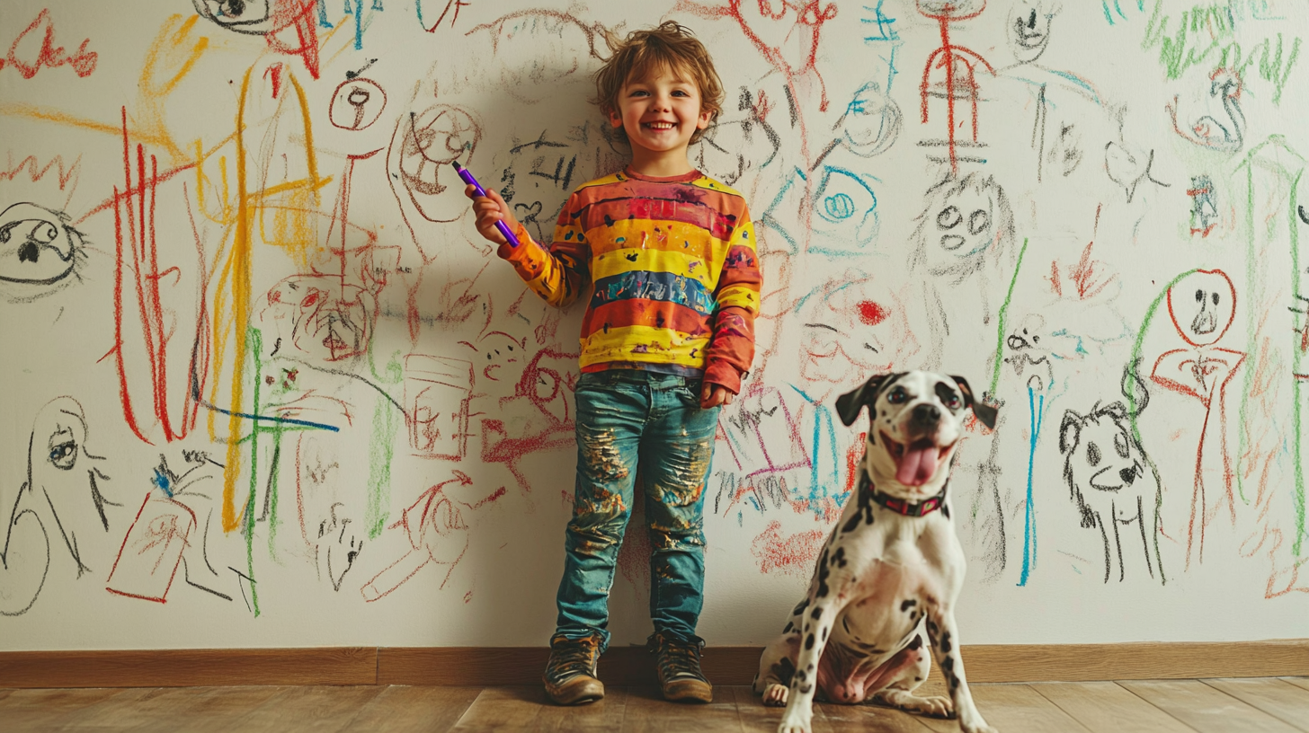 Child draws on wall with dog, caught on camera