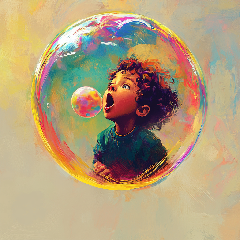 Child floats on giant colorful gum bubble