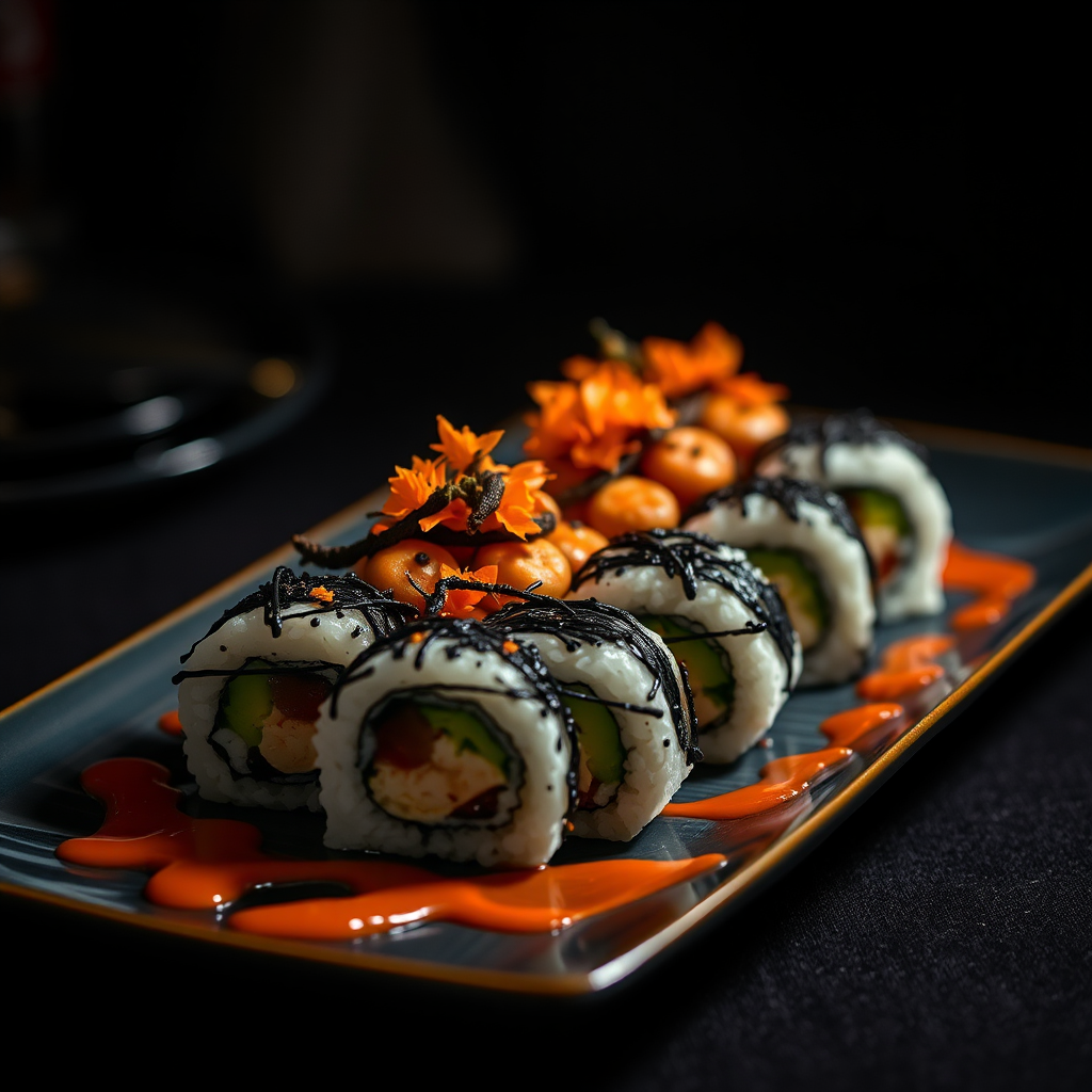 Child-friendly Halloween sushi rolls on elegant table setting