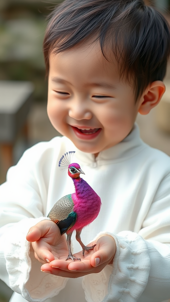 Child holding tiny laughing peacock in palm.