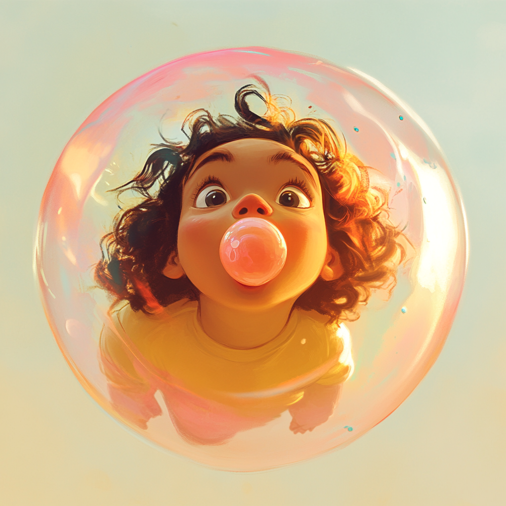 Child in Disney style floats on colorful bubble