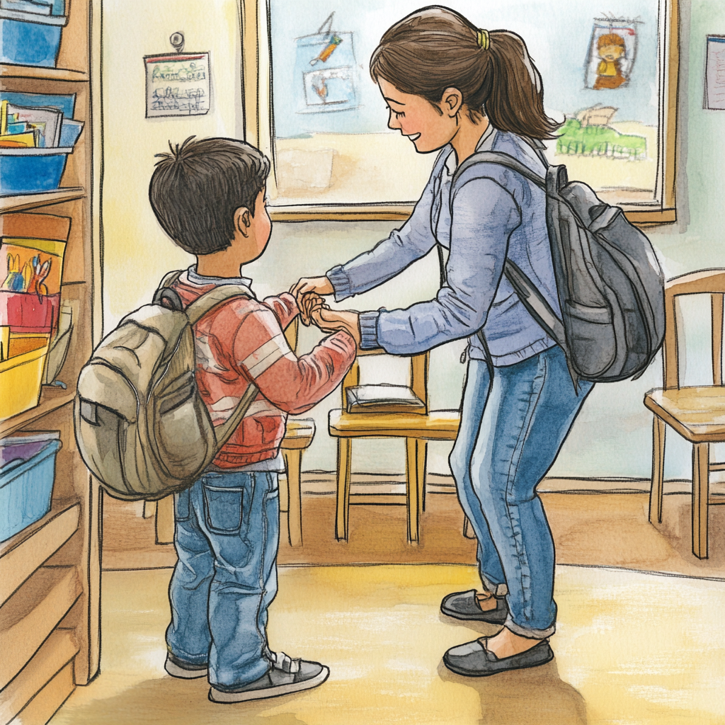 Child in PreK classroom puts backpack in cubby.