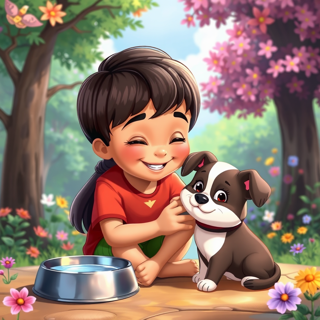 Child petting a dog in beautiful garden.