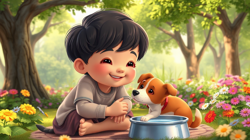 Child petting animal in colorful nature setting.