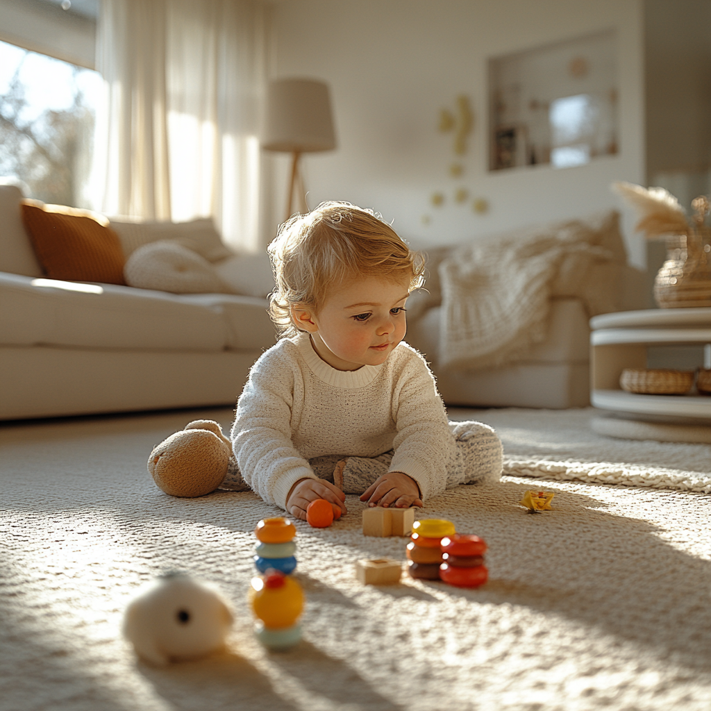 Child playing with toys in modern living room