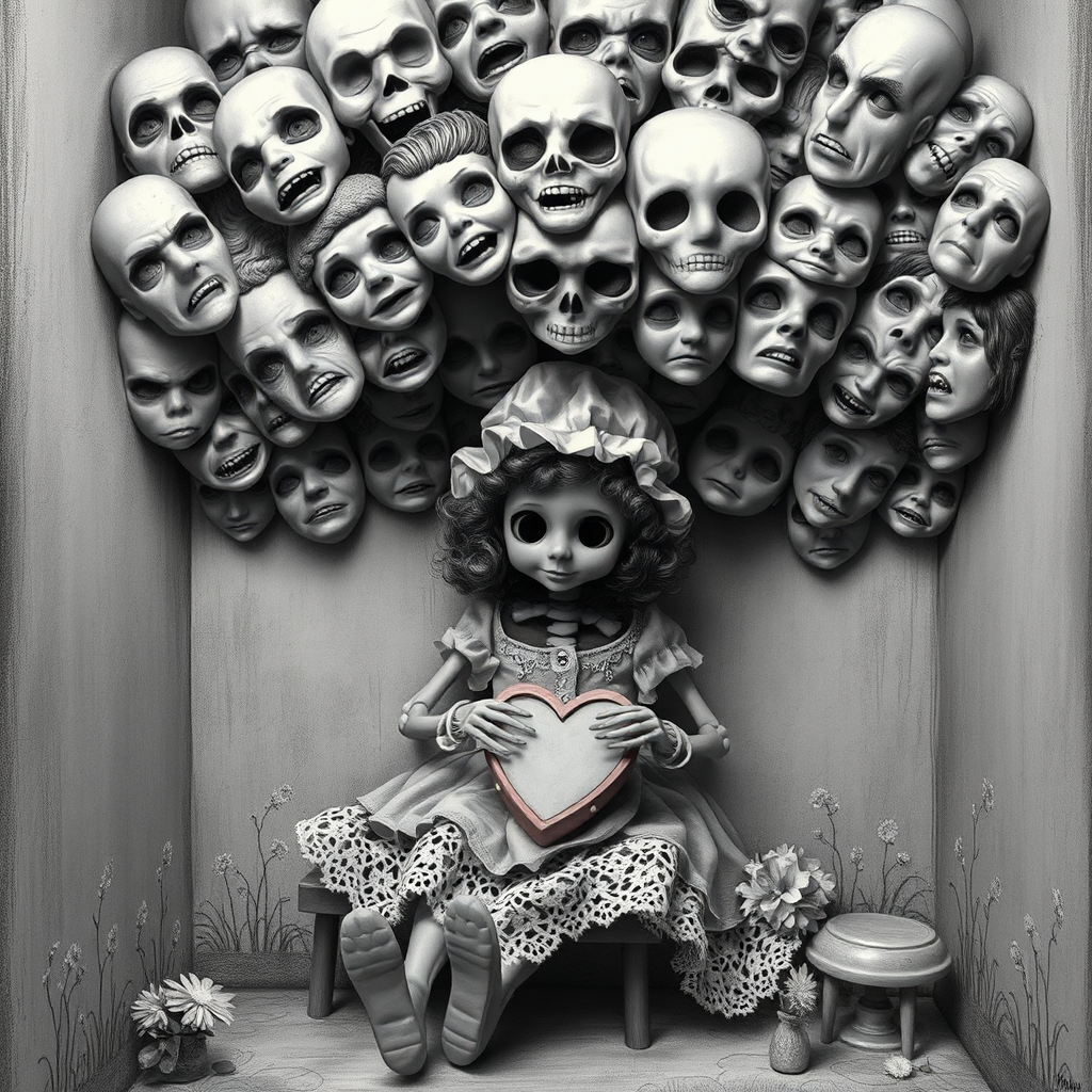 Childlike doll holds music box amidst intense faces.