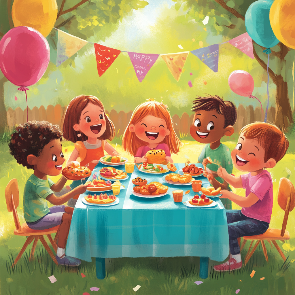 Children's Day Celebration: Happy Kids Eating Together Outdoors