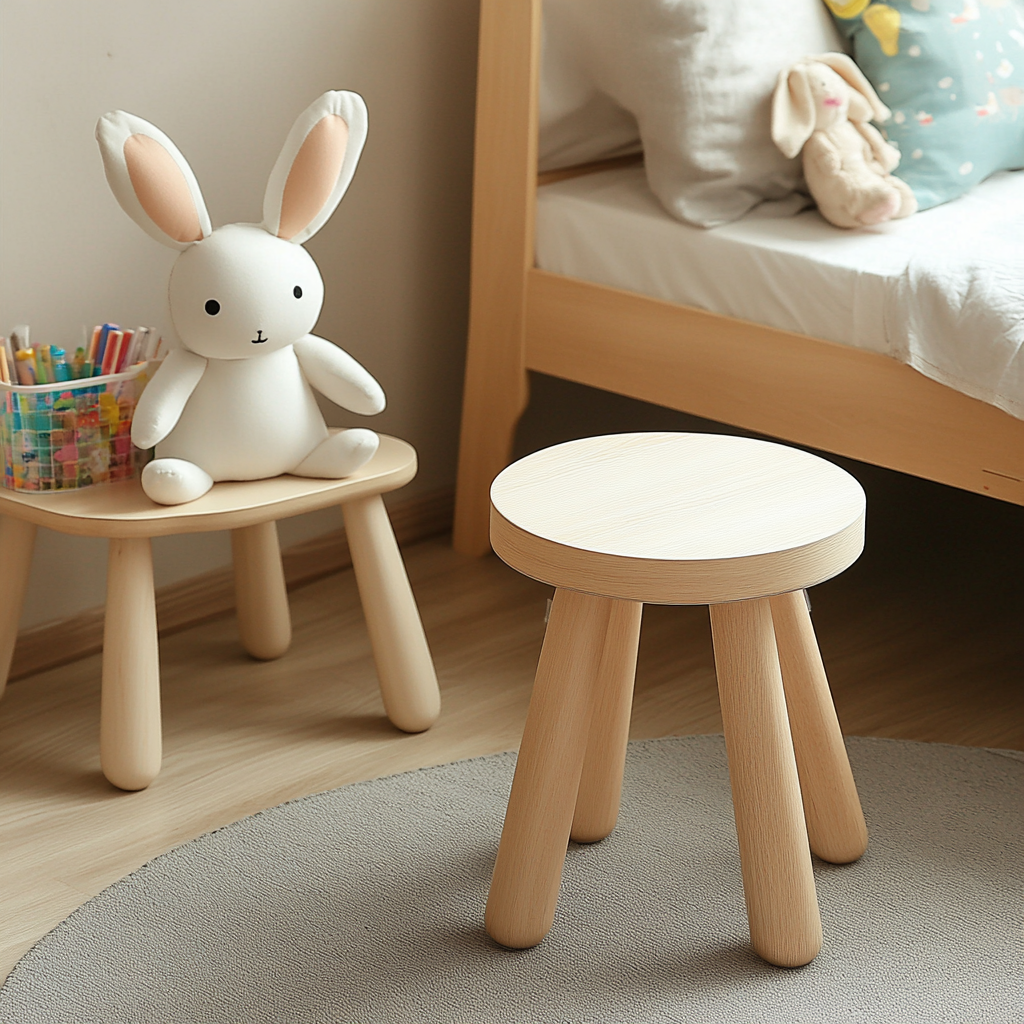 Children's Rabbit-Themed Wooden Stool with Backrest 