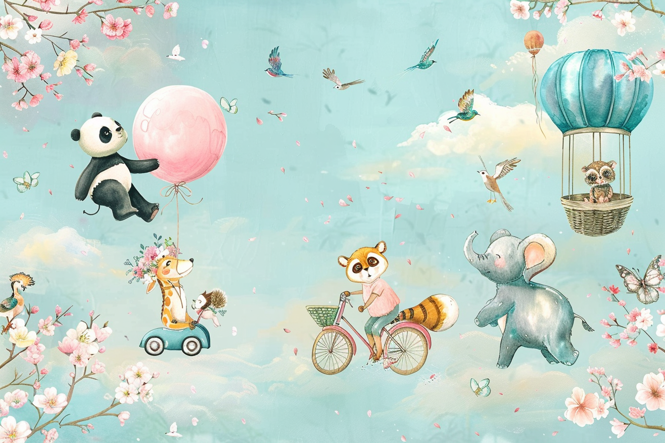 Children's mural with whimsical animals, colorful balloons, flowers.