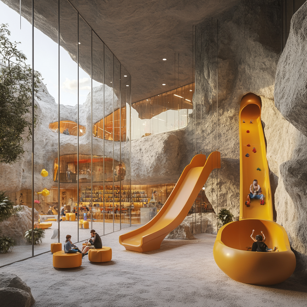 Children's play area with slides, climbing wall, bar