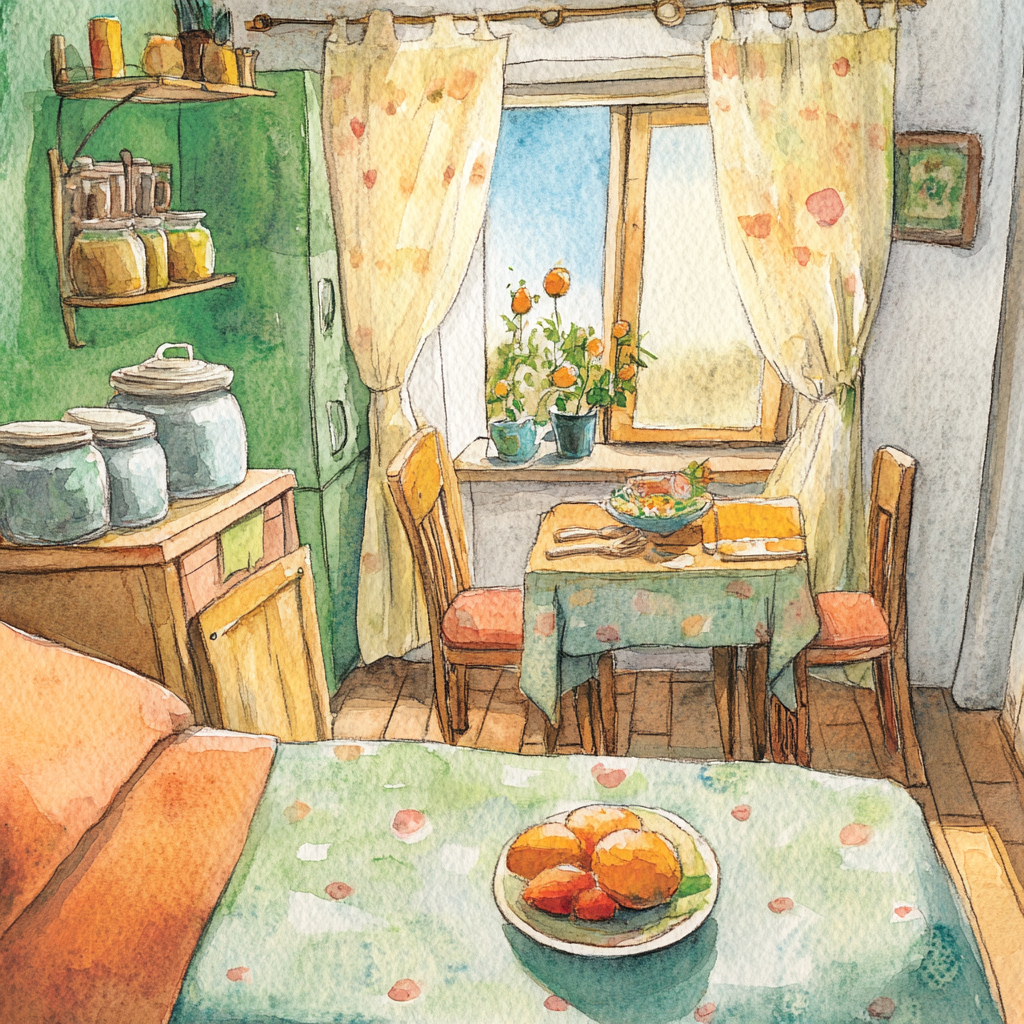 Children's watercolor of cozy kitchen in apartment