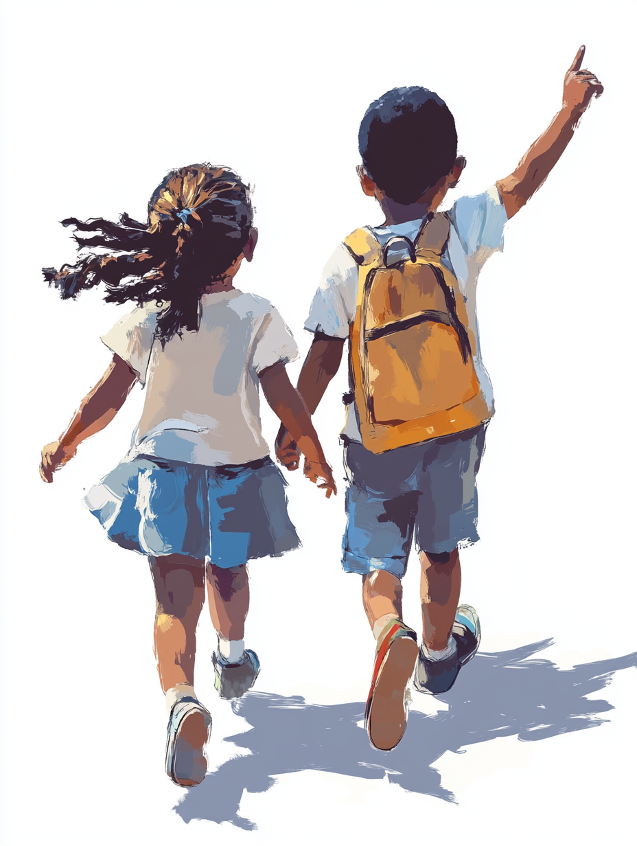 Children, boy and girl, of different races, walk happily