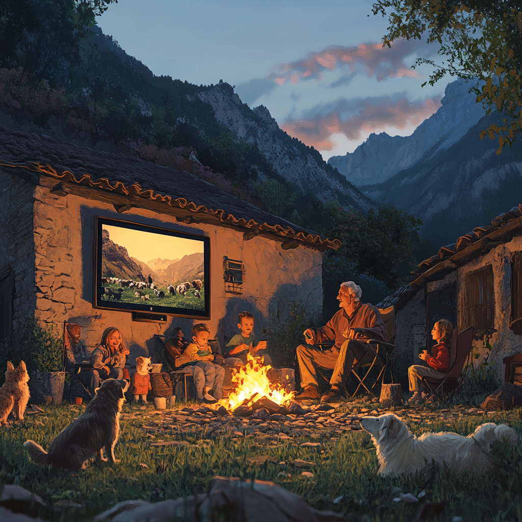 Children, elder man at campfire; animals nearby, movie plays.