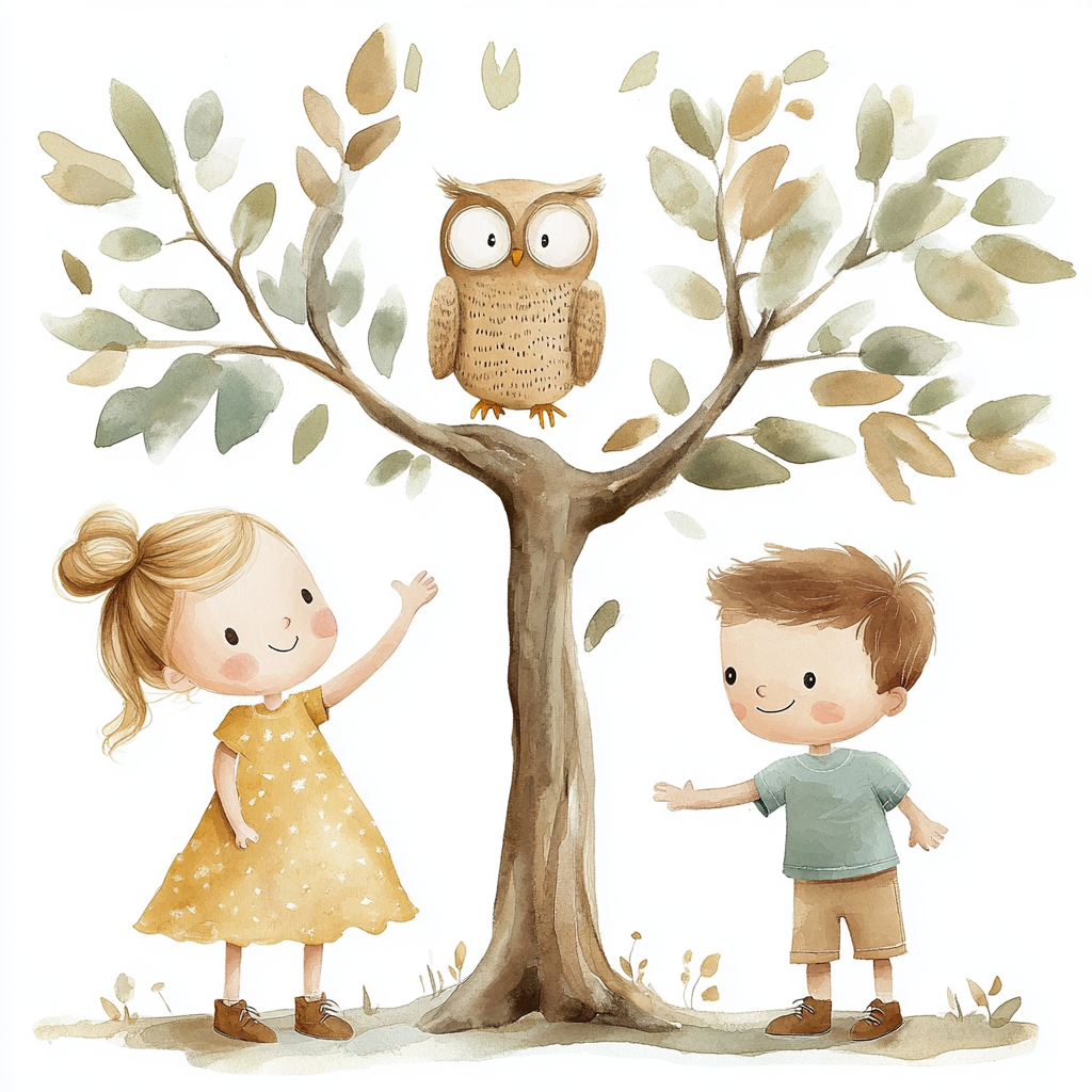 Children Observing Owl in Watercolor Illustration