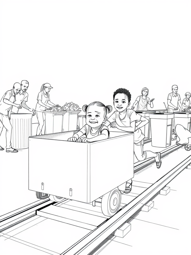 Children Playing in Playground with Rail Cart System