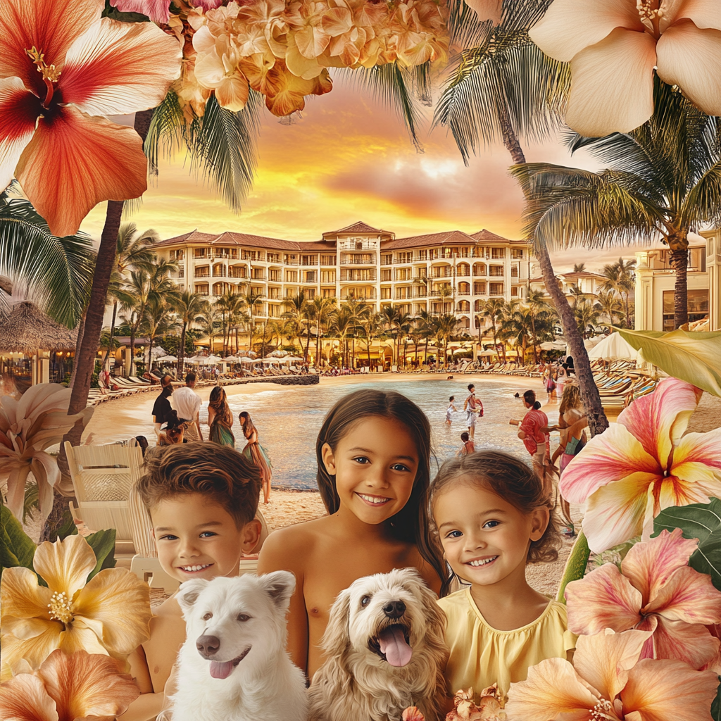 Children and pets enjoy Hawaii hotel sunset