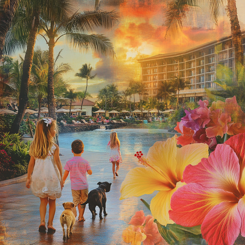 Children and pets enjoying Hawaii hotel - Sunset Happiness