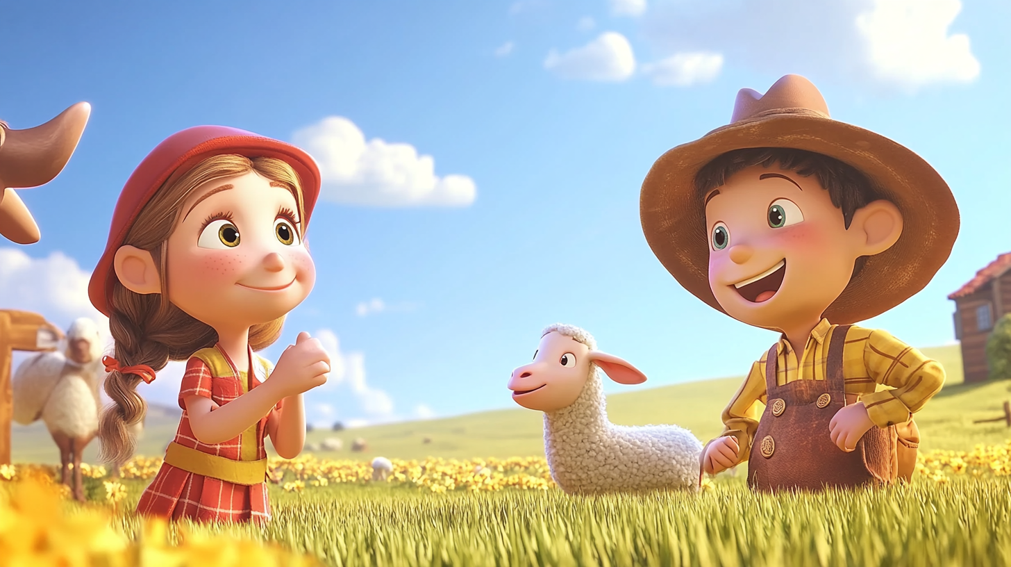 Children at farm play with animals under blue sky.