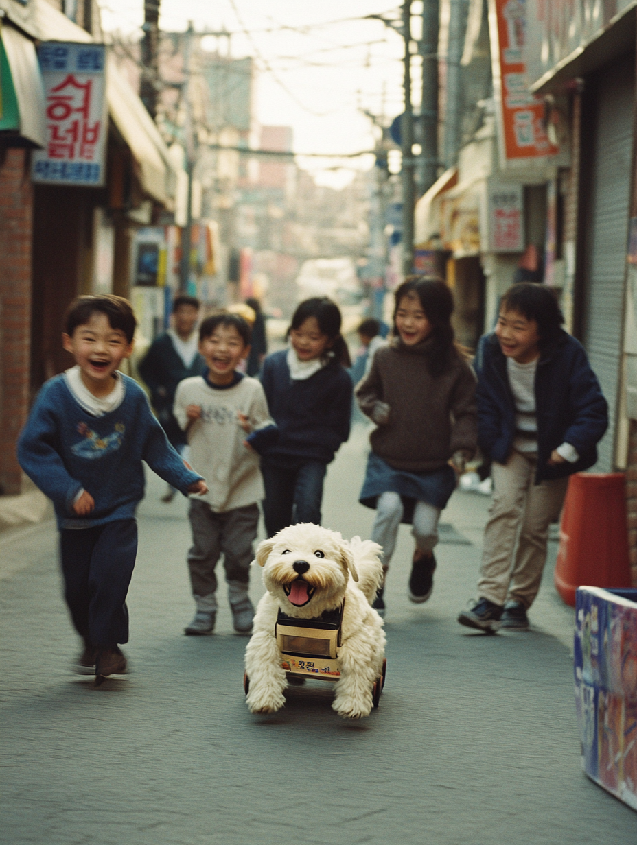 Children chasing laughing robotic dog on Seoul street