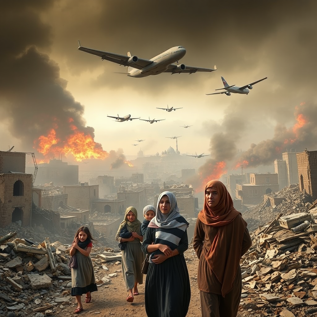 Children flee as war planes bomb Gaza.