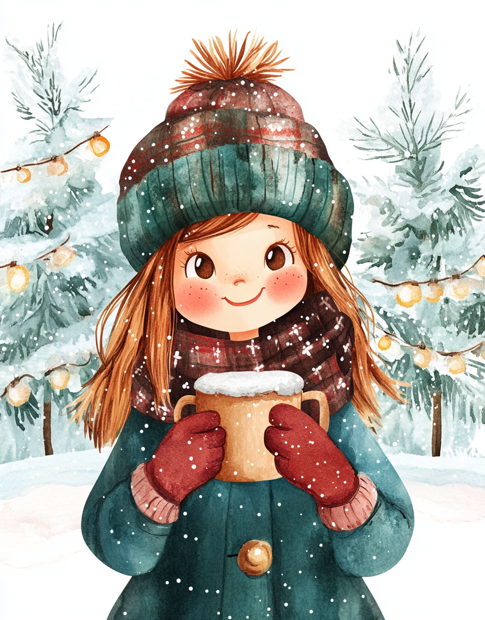 Children holding Christmas mug in winter watercolor painting