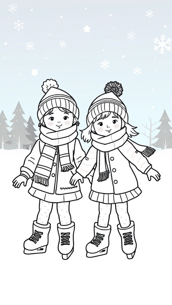 Children ice skating with winter clothes. Coloring pages.