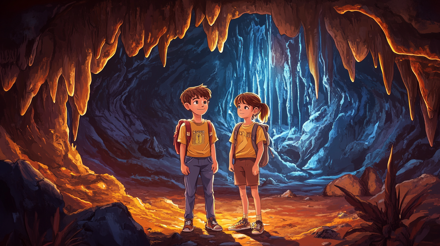 Children in colorful cave with rock formations