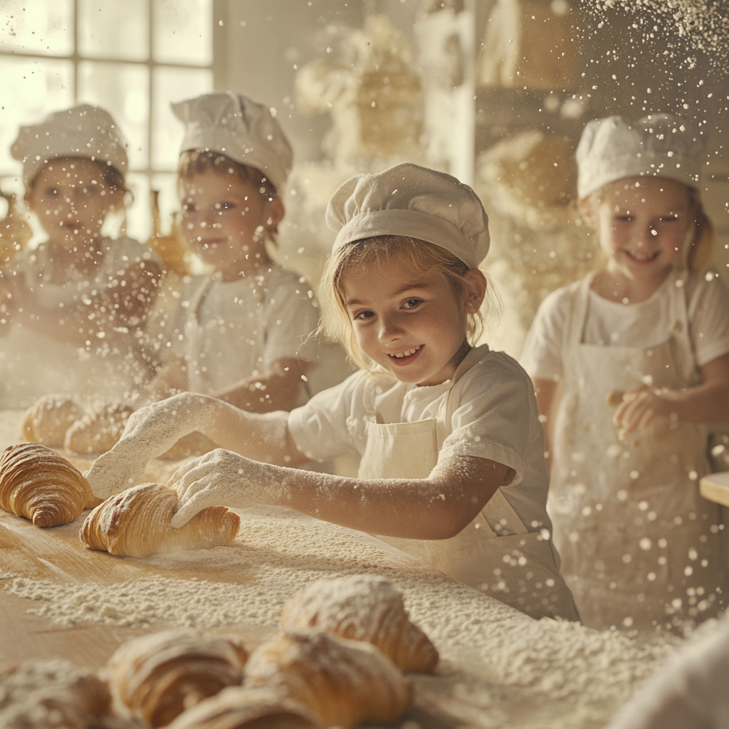 Children joyfully bake croissants in magical bakery