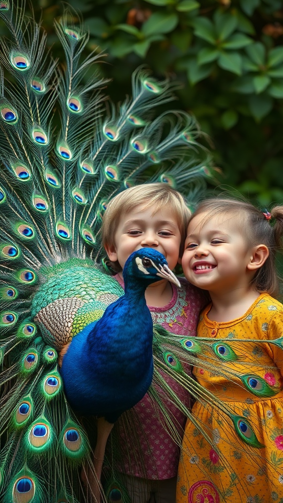 Children laughing with a peacock in the park.