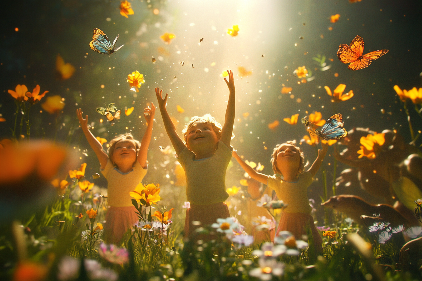 Children lifting arms, light beams clear darkness, flowers blooming.