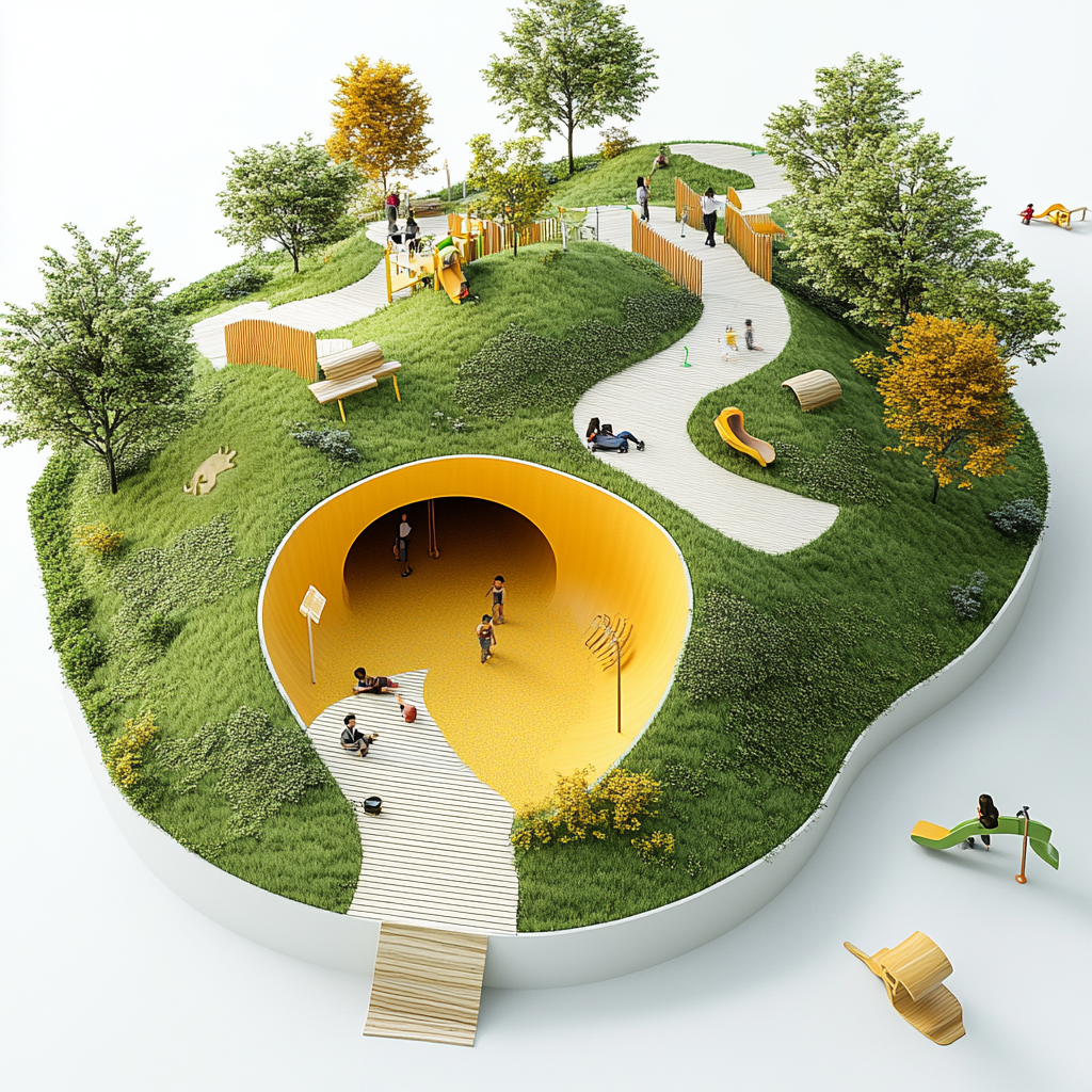 Children play at colorful outdoor playground park