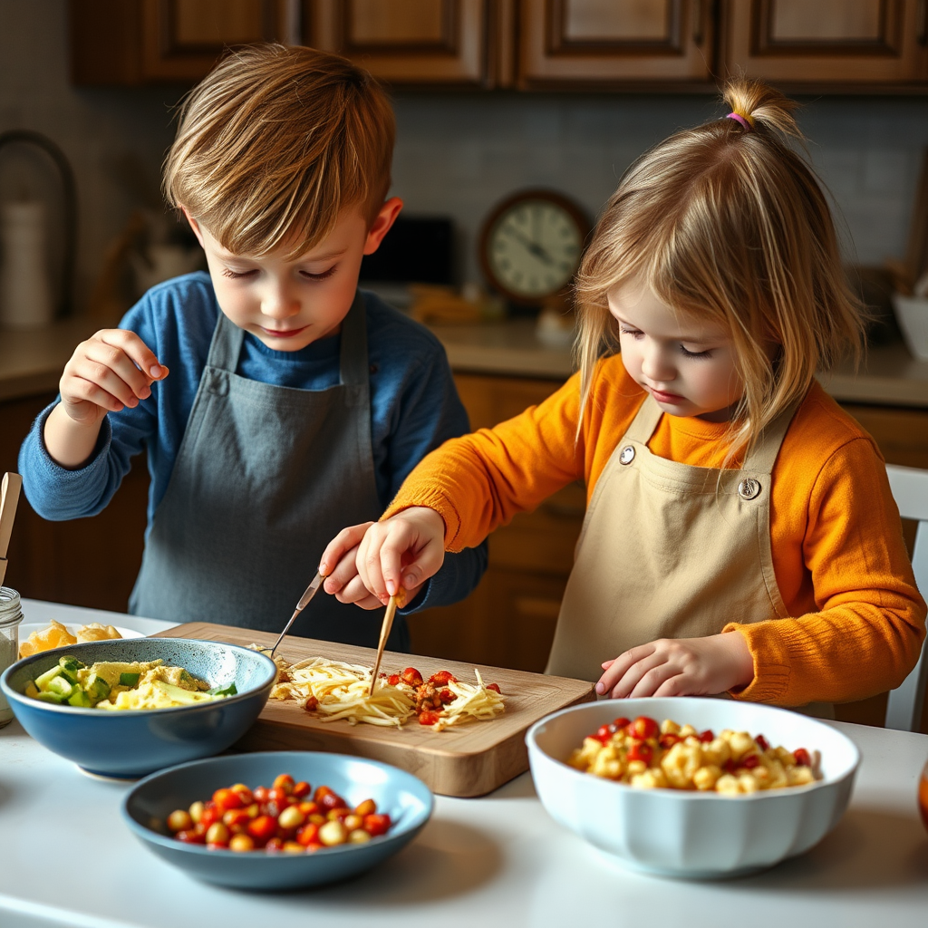 Children prepare food together in the kitchen.