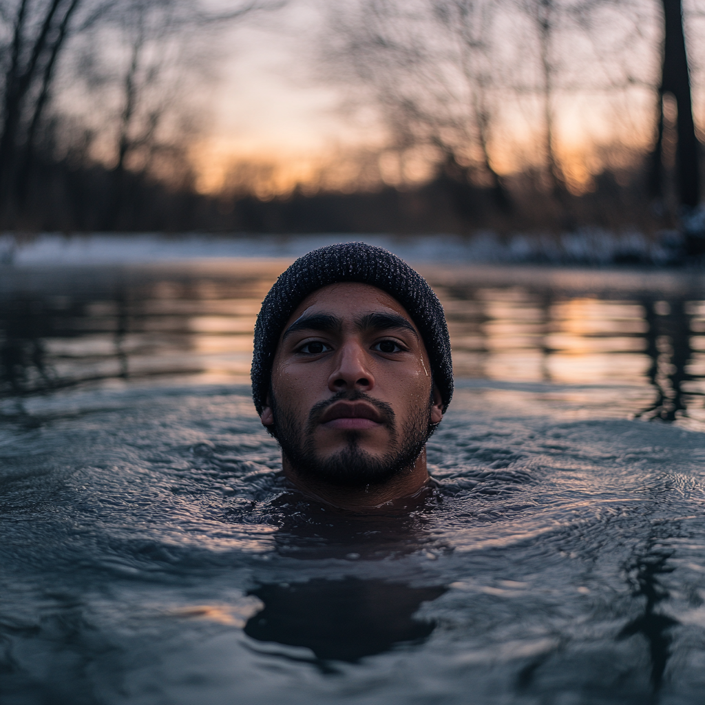 Chilly Lake Morning: Hispanic Man Submerged.