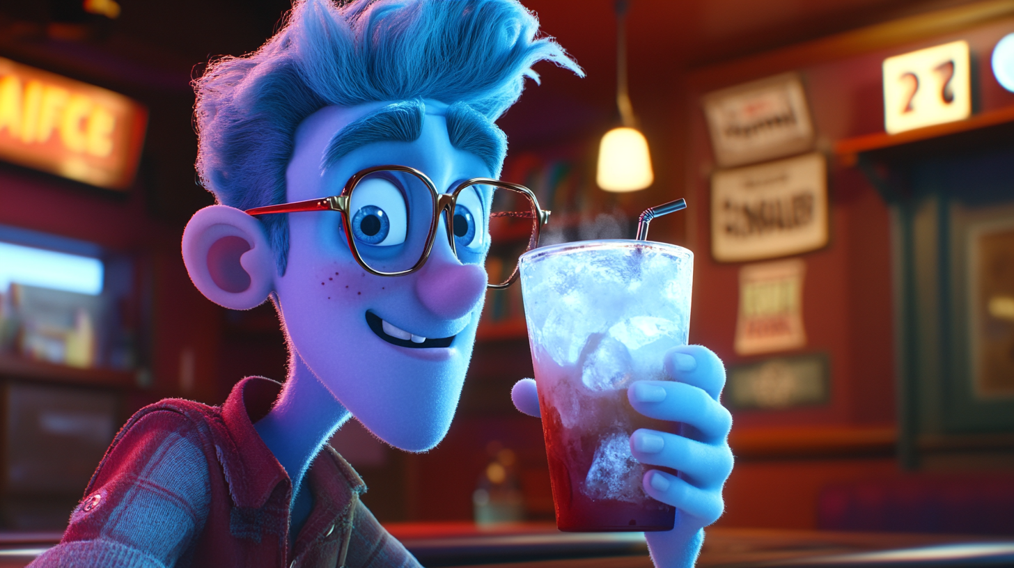 Chilly man sips cold Americano in Pixar scene