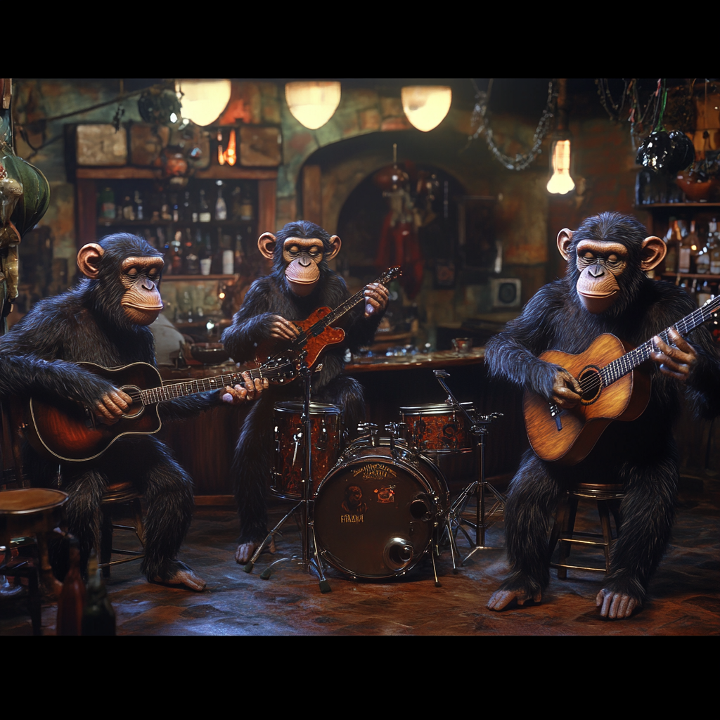 Chimp band playing music on Halloween stage