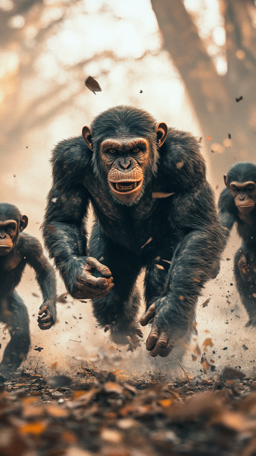 Chimpanzees hunting monkeys in bright cinematic action scene.