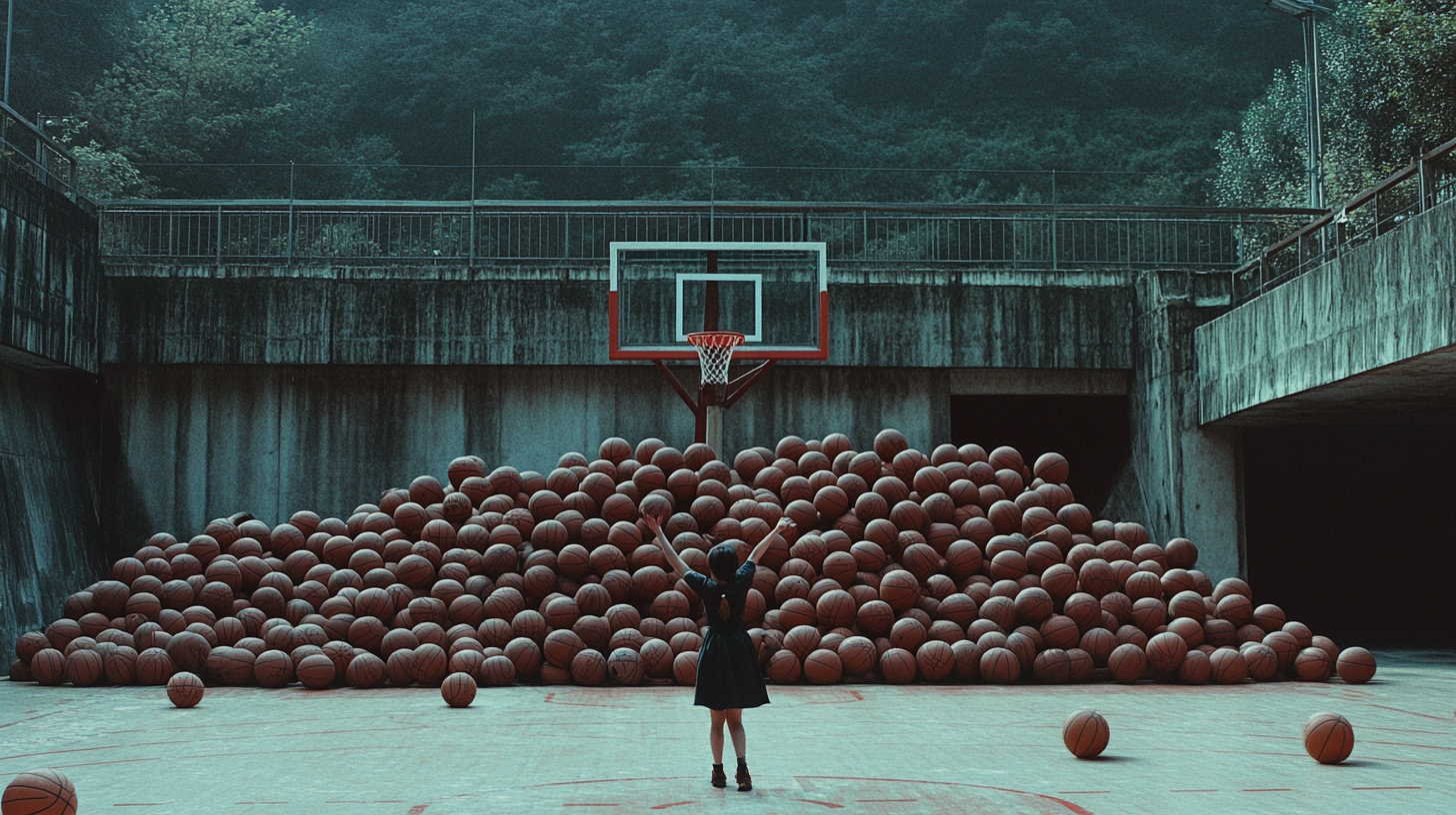 Chinese Basketballer Practicing in Ball-filled Court