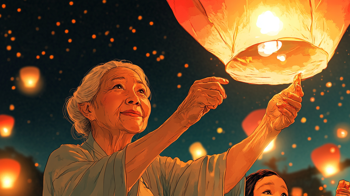 Chinese Grandma and Family Release Lantern at Night