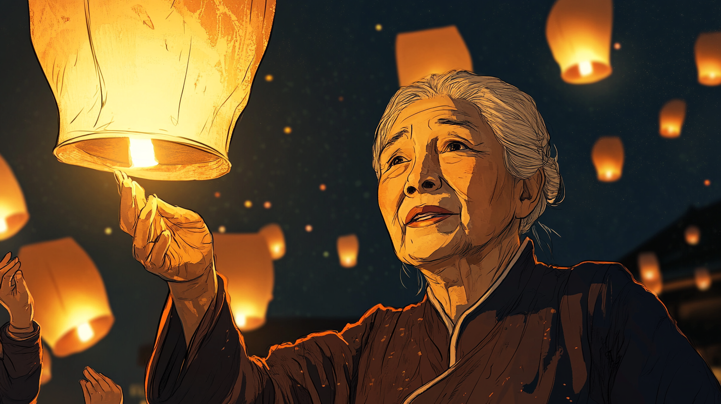 Chinese Grandma and Family Release Lanterns at Night