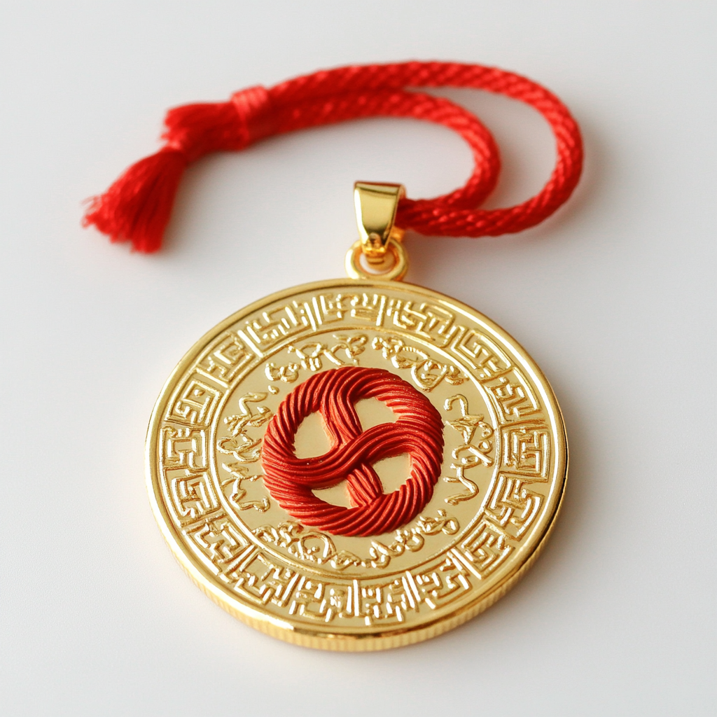 Chinese Knot Gold Coin Amulet on White Background