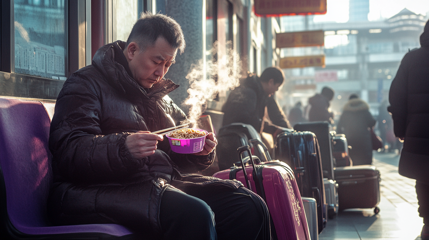 Chinese Travelers Enjoying Noodles at Shanghai Train Station