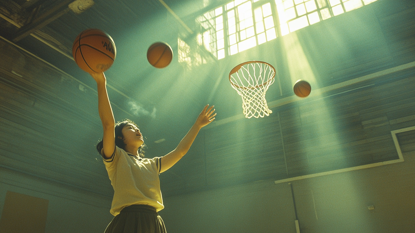 Chinese Woman Playing Basketball in Sunny Indoor Court