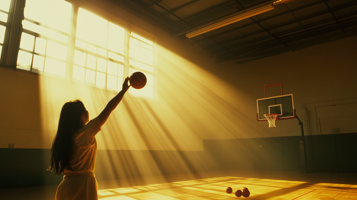 Chinese Woman Scoring Basket in Sunlit Court