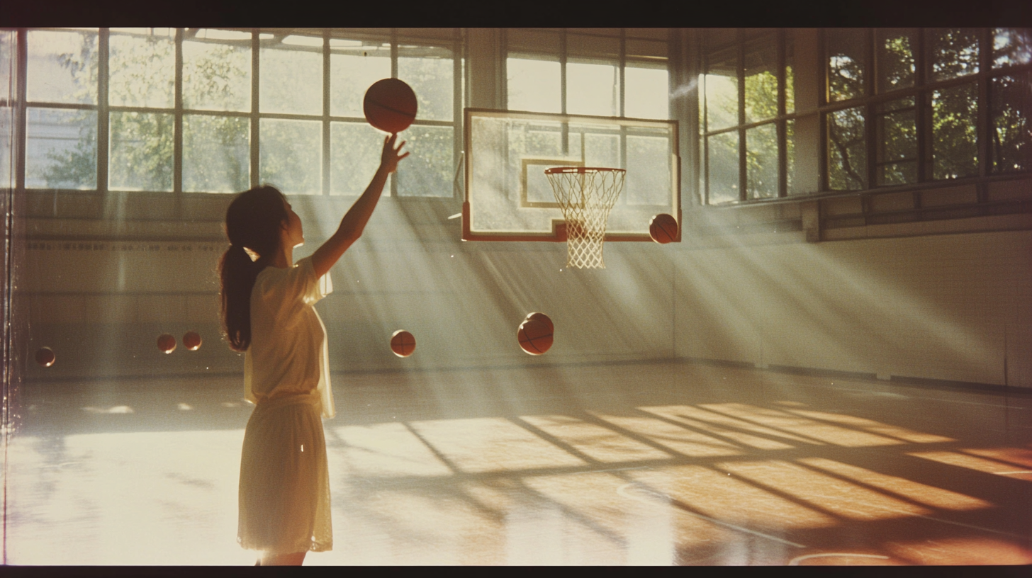 Chinese Woman Shooting Basketball amid Sunlit Court