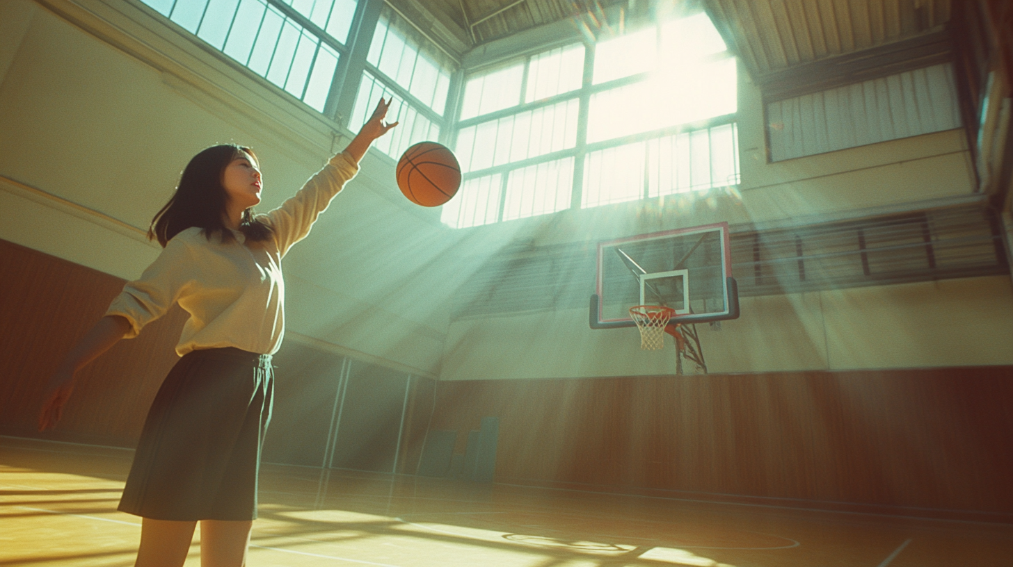 Chinese Woman Shooting Basketball in Sunlit Court