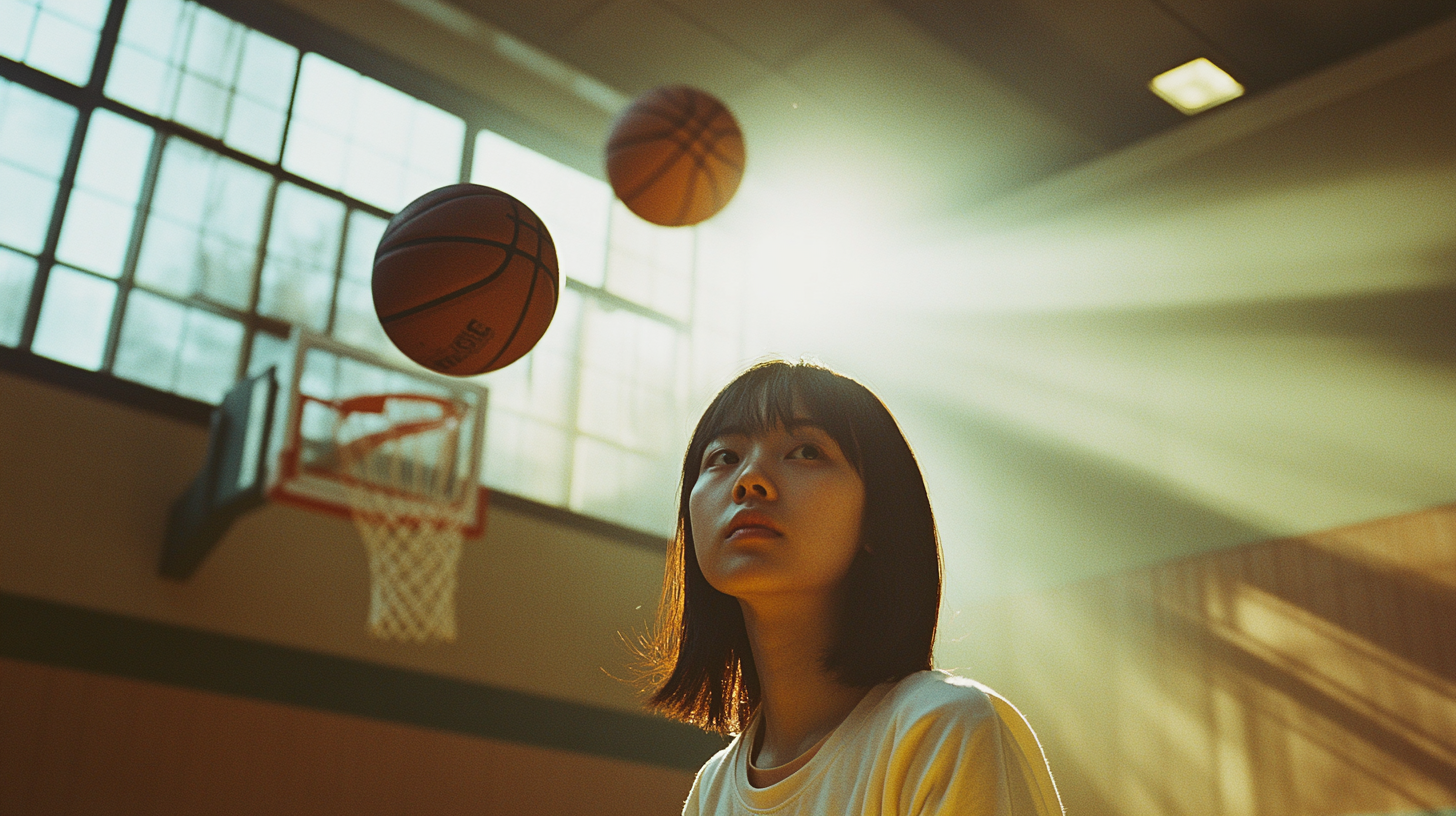 Chinese Woman Shooting Basketballs in Sunlit Court