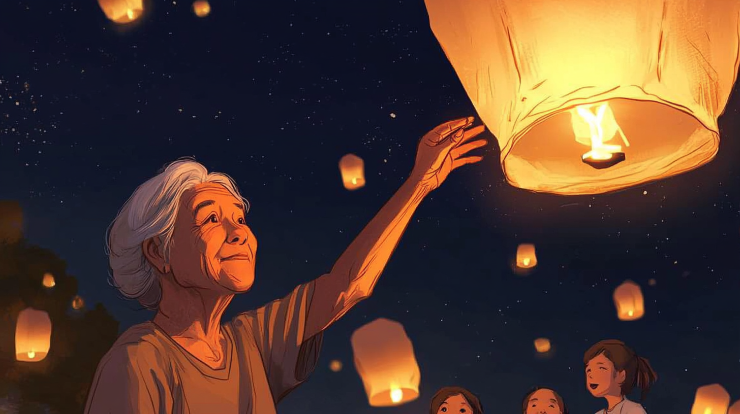 Chinese family releases lanterns into night sky