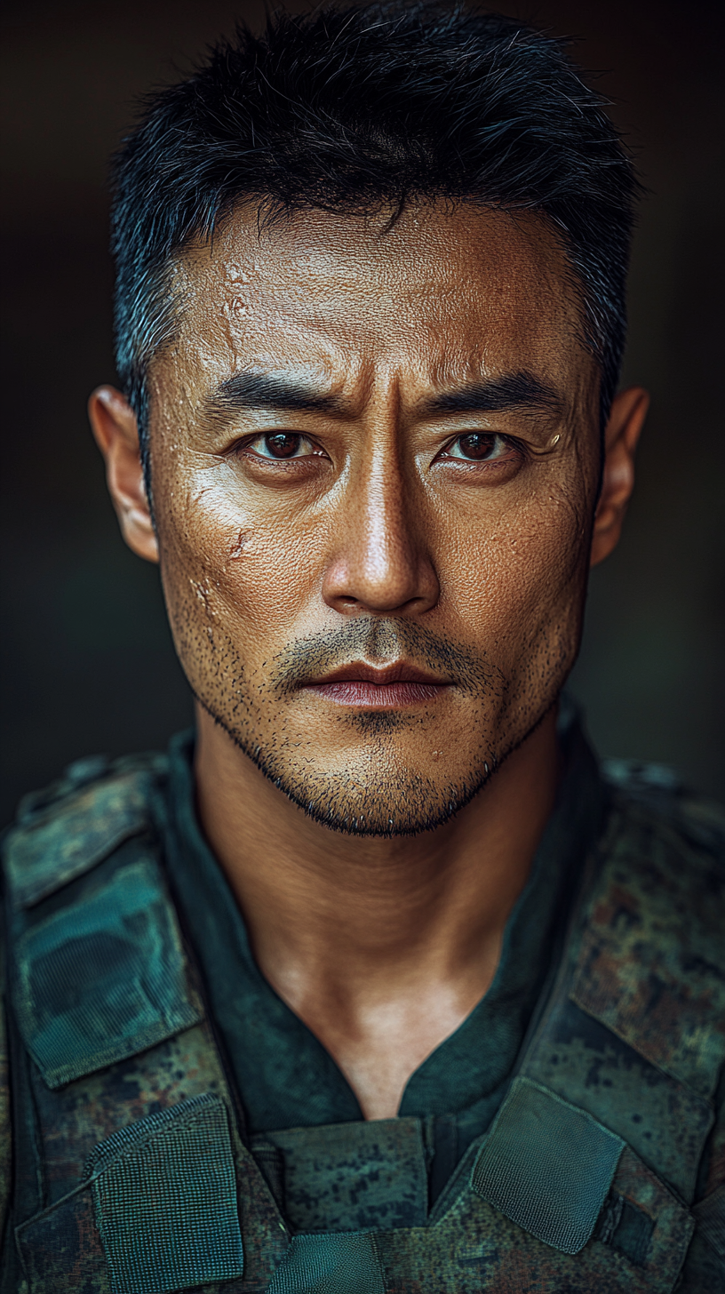 Chinese general, 52, tall, lean, muscular, black hair, dark eyes, scar, weathered face, left figure.