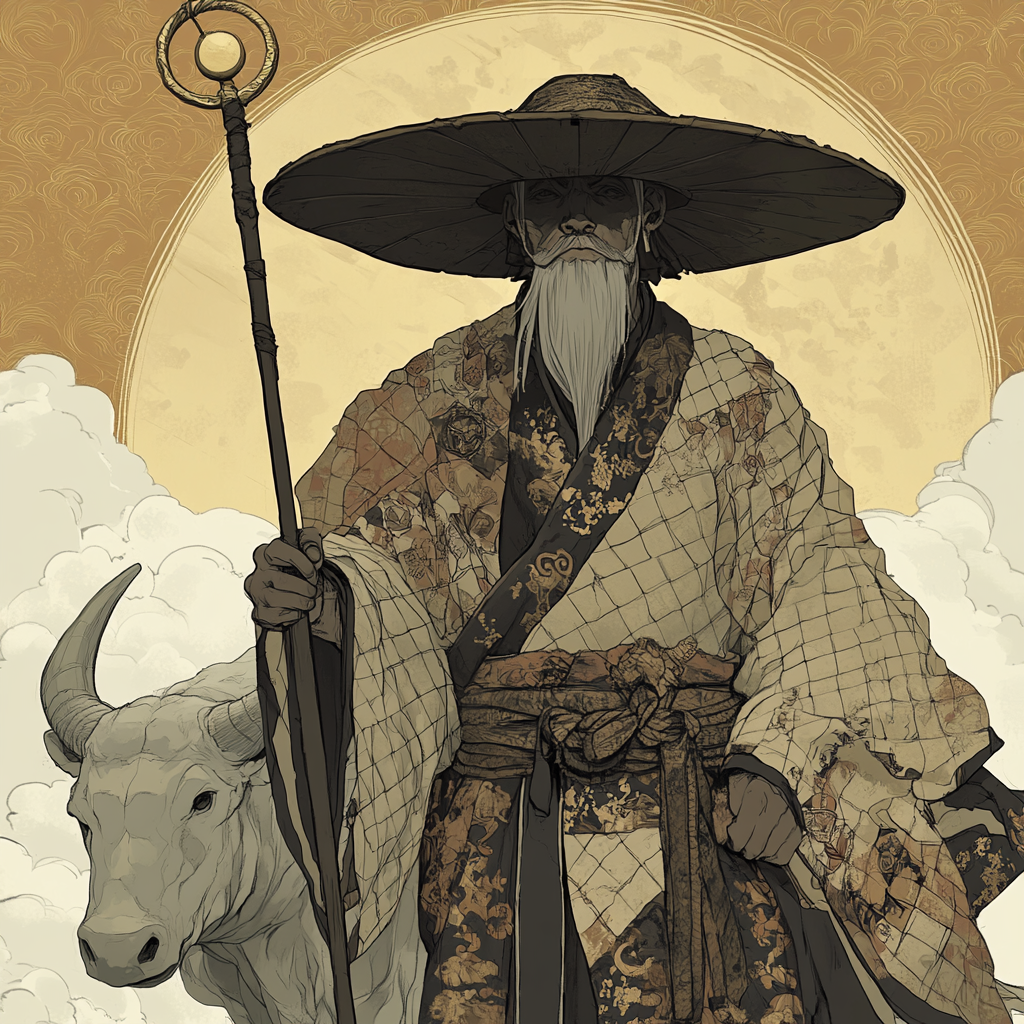 Chinese monk in quilted robe and large hat riding ox.